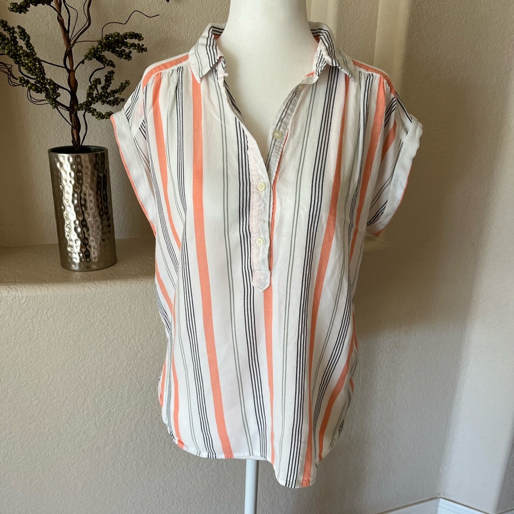 Loft Striped Popover Top 5 Button Orange Olive Black White Rayon Soft